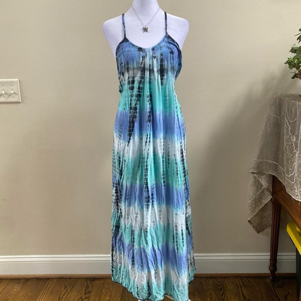 Aruba Blue Boho Earthy Fairycore Hippie Tie Dye Maxi Dress with Open Back Sz S